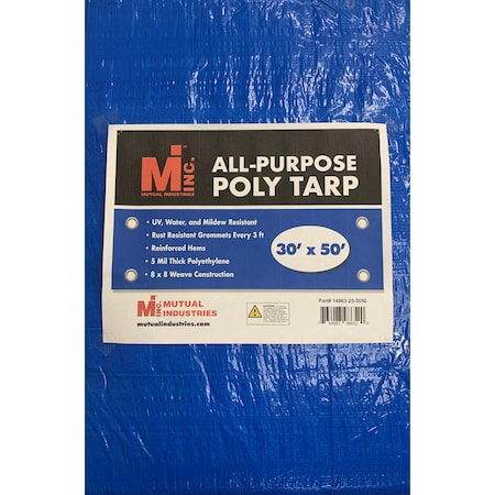 Mutual Industries Tarp, 30 ft x 50 ft, 5 Mil, Blue, UV Resistant, Mildew Resistant 14963-25-3050